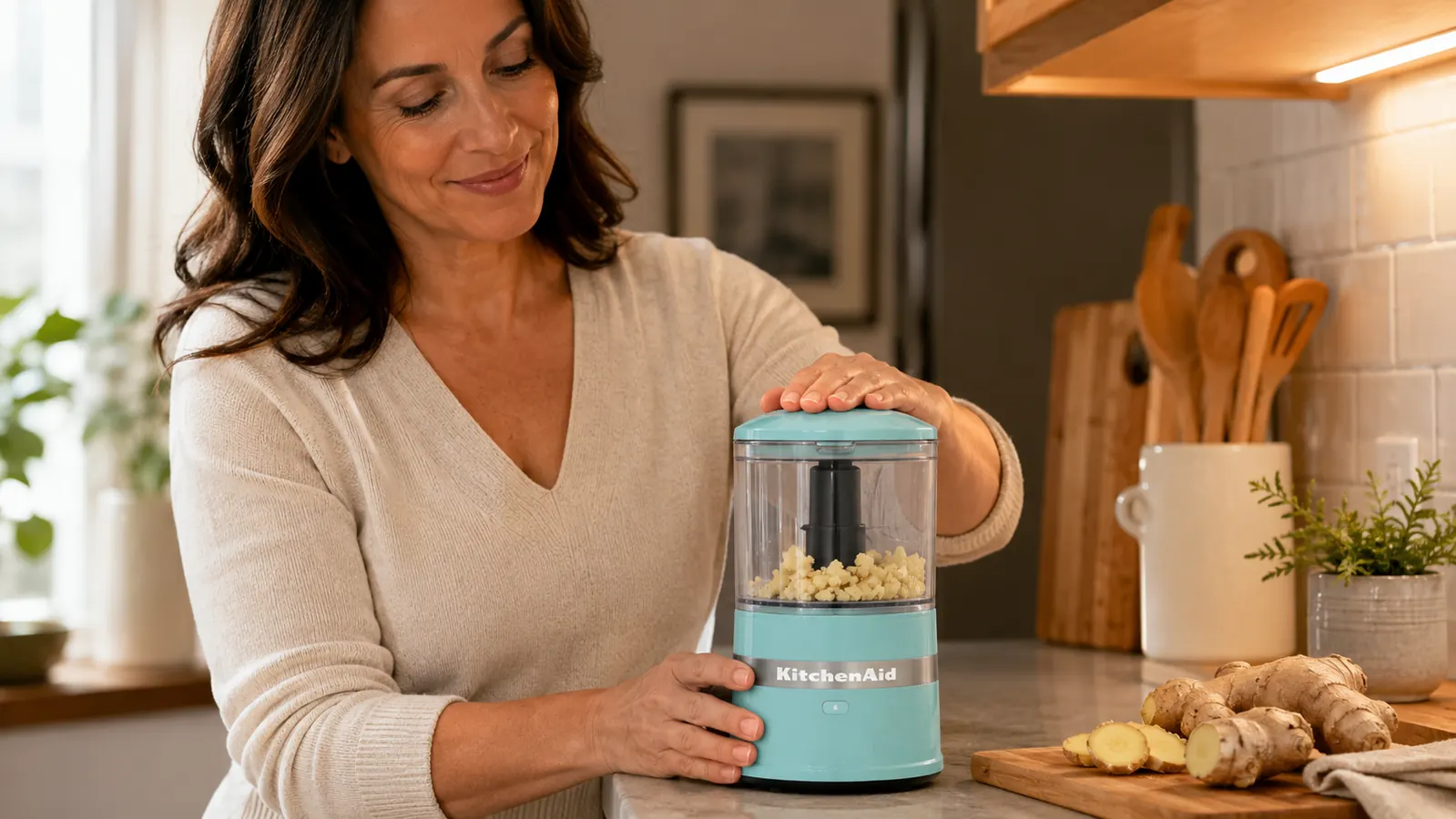 Hand pressing the lid of the KitchenAid food chopper while garlic and herbs sit inside the bowl