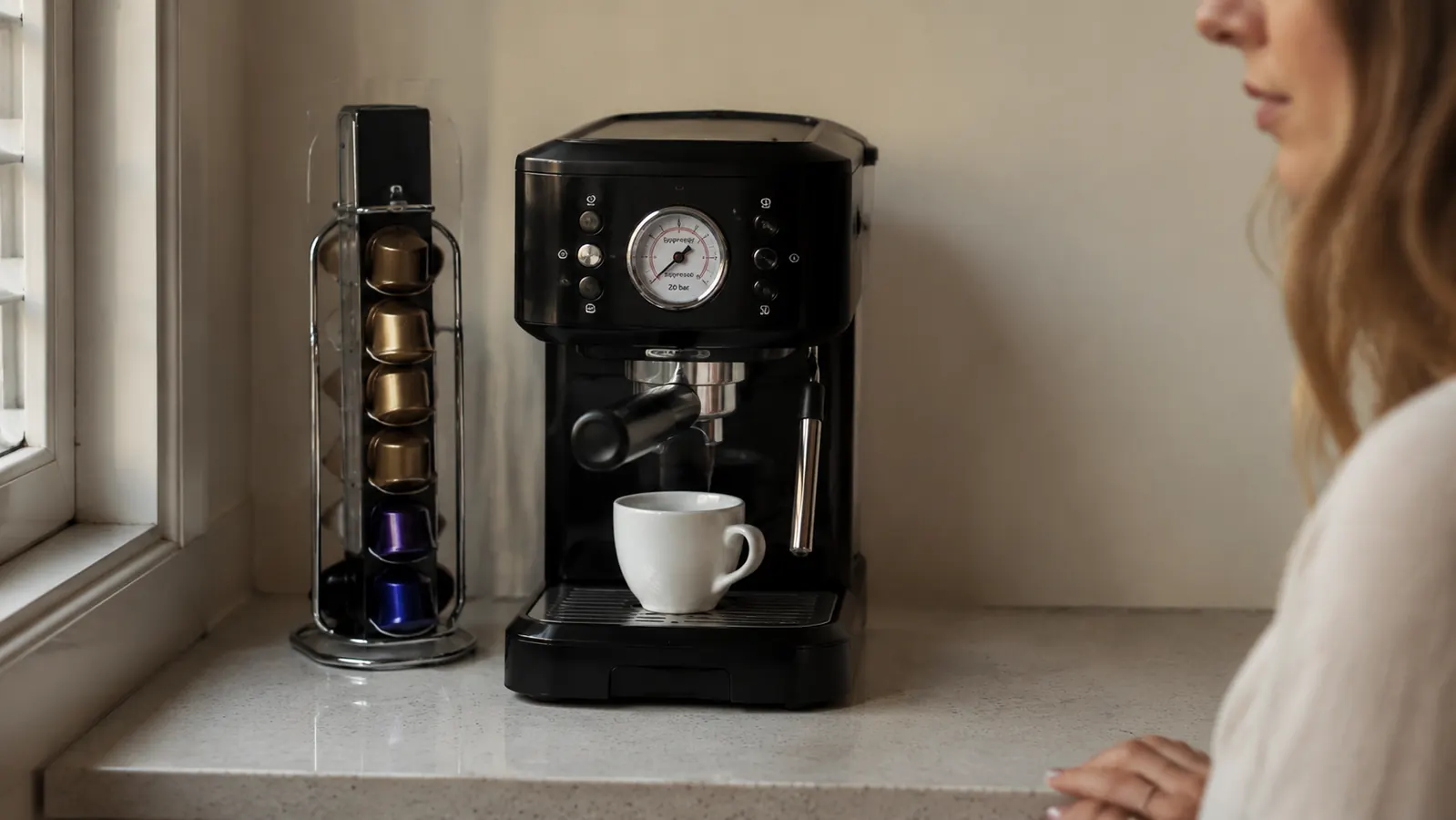Size comparison showing the Nespresso Inissia next to a full-size espresso machine to illustrate the footprint difference