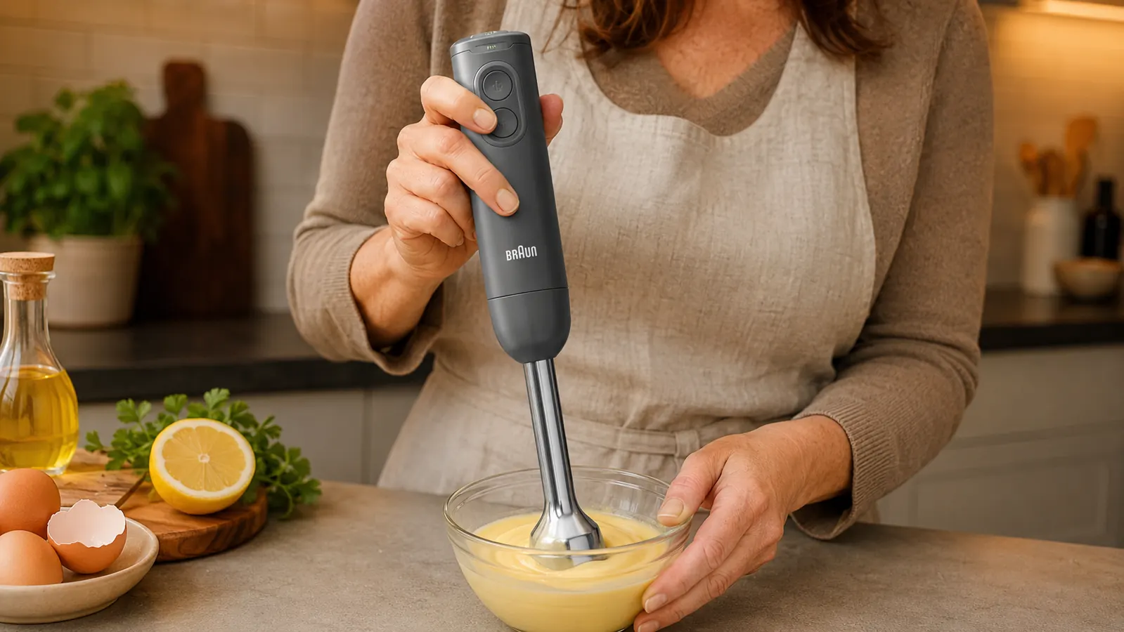 Close-up of the Braun MultiQuick 5 blade guard and PowerBell attachment showing the spiral blade design