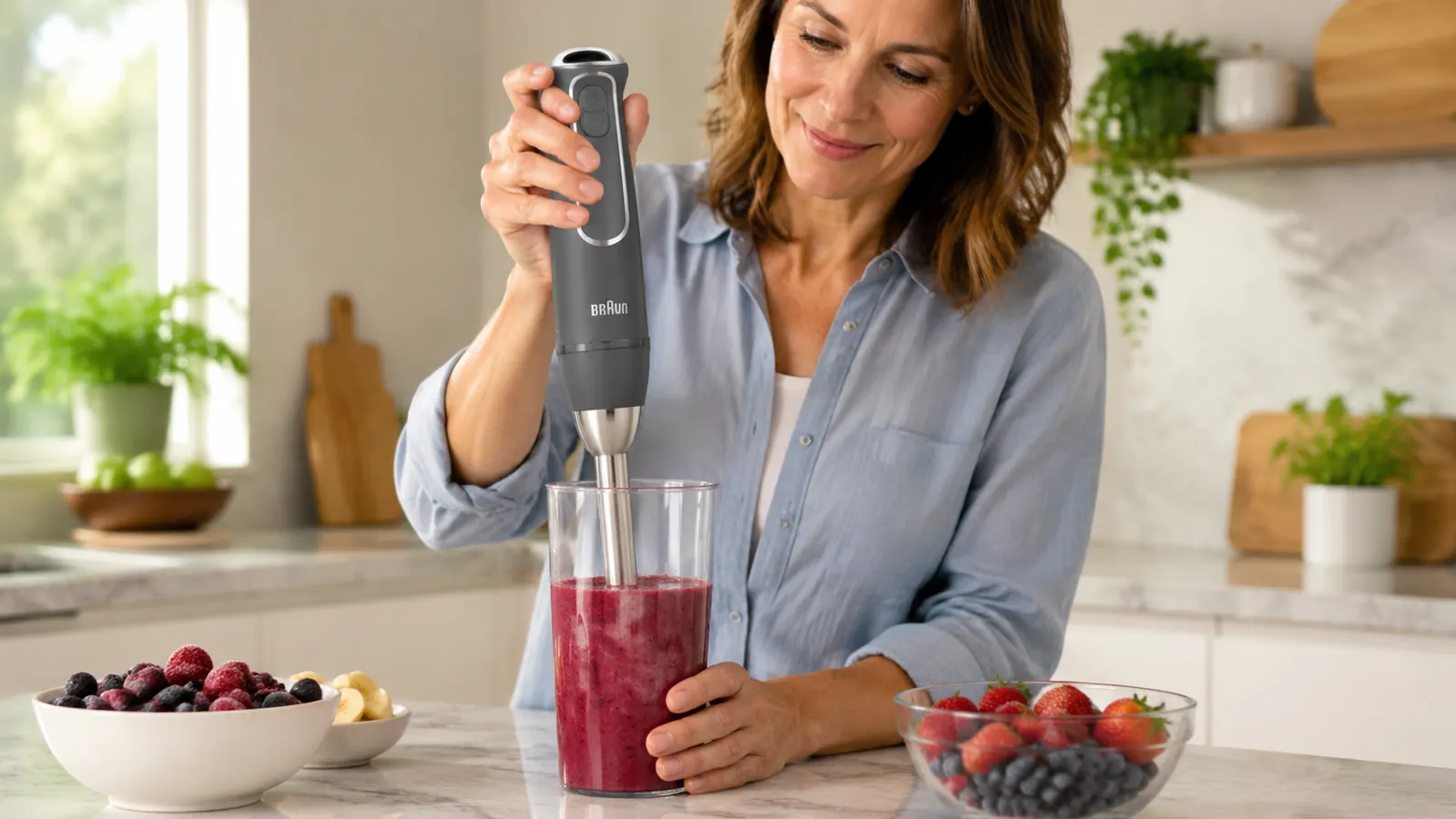 Hand gripping the Braun MultiQuick 5 while blending soup directly in a pot