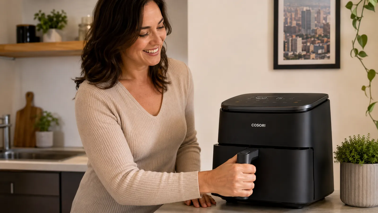 Hand lowering a basket of golden chicken thighs into the Cosori TurboBlaze air fryer on a kitchen counter