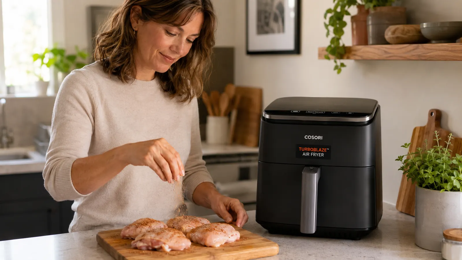 Hand placing chicken thighs into the Cosori TurboBlaze air fryer basket