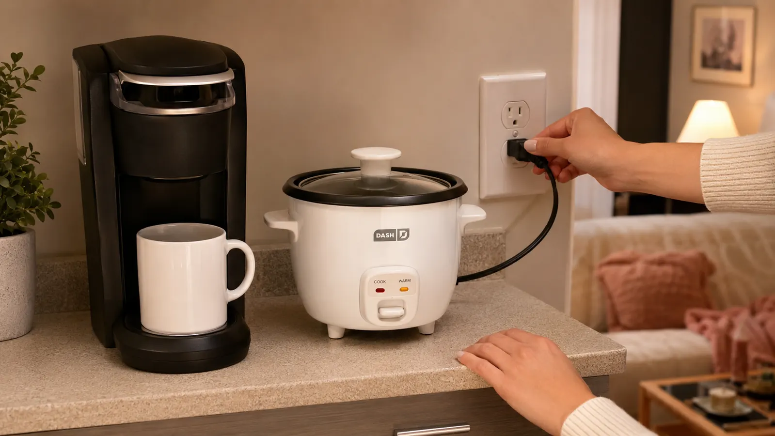 Hand pressing the cook button on the Dash Mini Ceramic Rice Cooker