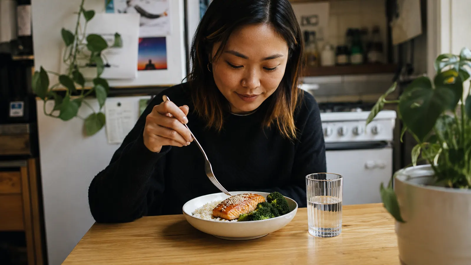 Simple weeknight dinner of rice, stir-fried vegetables, and egg in a small apartment kitchen