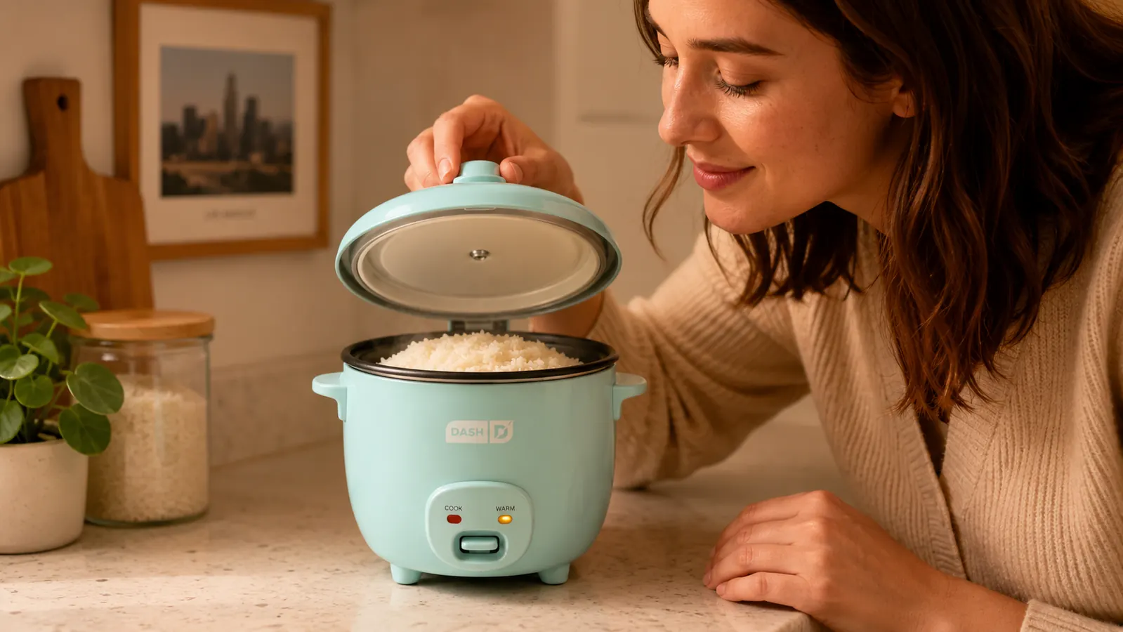 Dash Mini Rice Cooker ceramic inner pot removed and sitting on a folded dish towel showing the nonstick surface