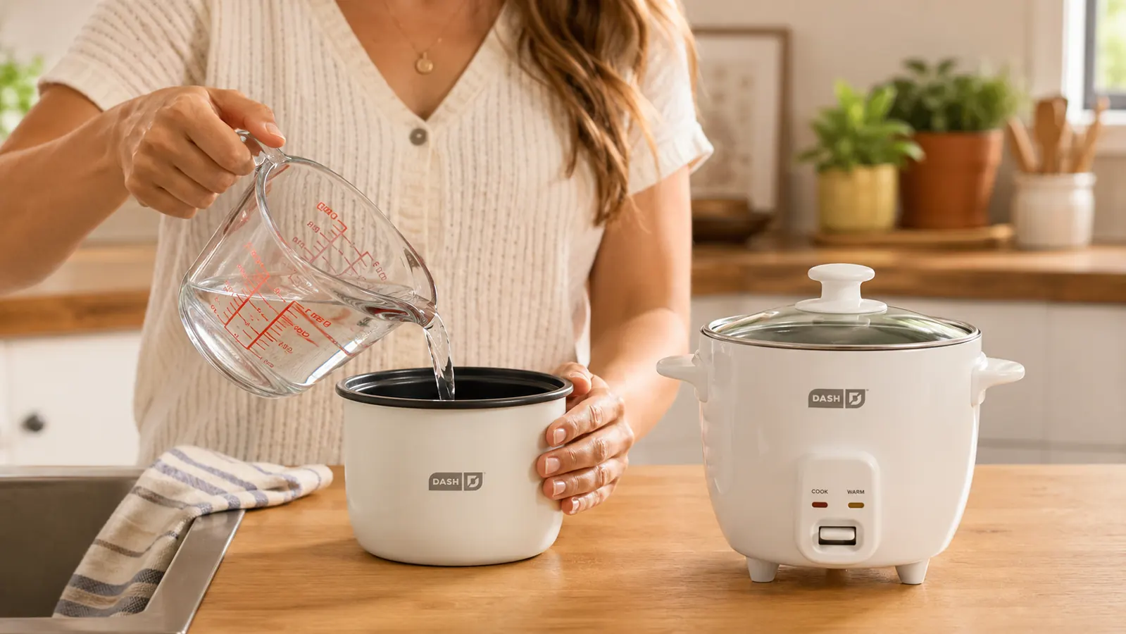 Hand lifting the lid of the Dash Mini Rice Cooker to reveal perfectly cooked rice inside