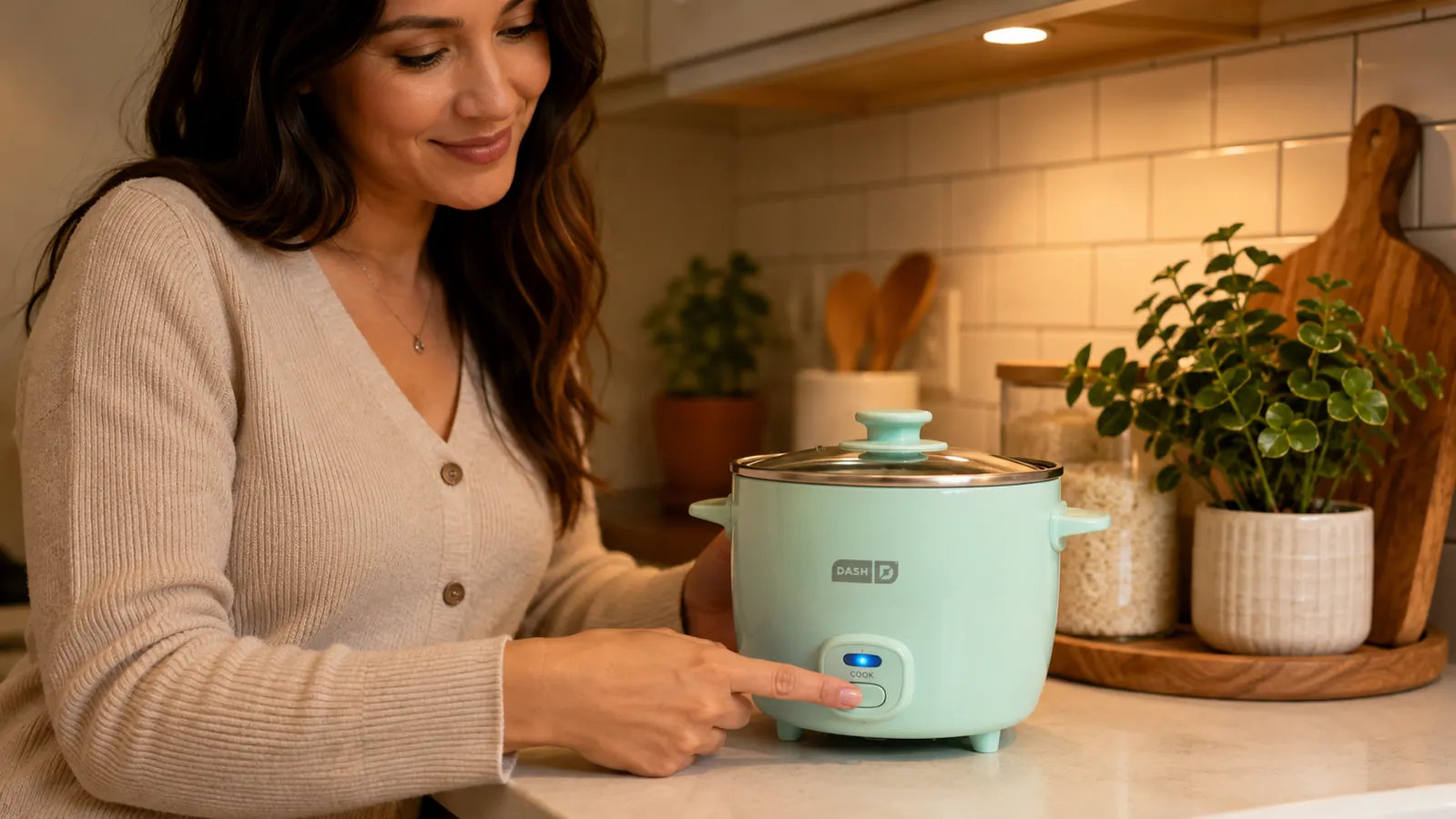 Close-up of the Dash Mini Rice Cooker interior showing the ceramic nonstick pot with measuring cup and rice inside