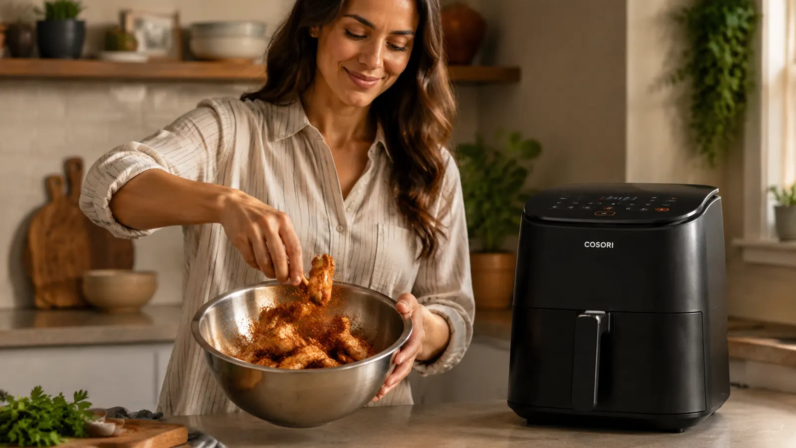 Hand patting chicken thighs dry with a paper towel before placing them in the Cosori TurboBlaze air fryer basket
