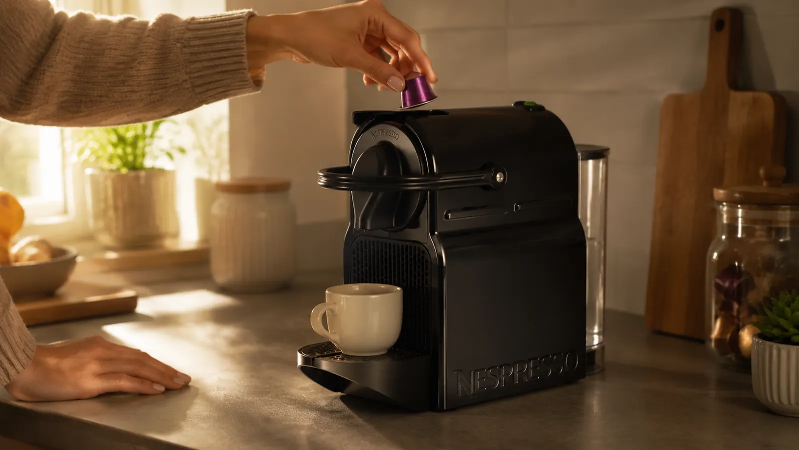 Hand placing a Nespresso capsule into the Inissia machine's capsule slot before brewing