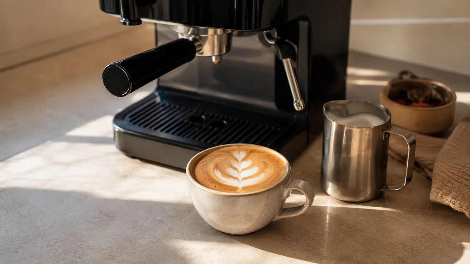 Finished espresso shot with a layer of golden crema in a small white cup on a kitchen counter