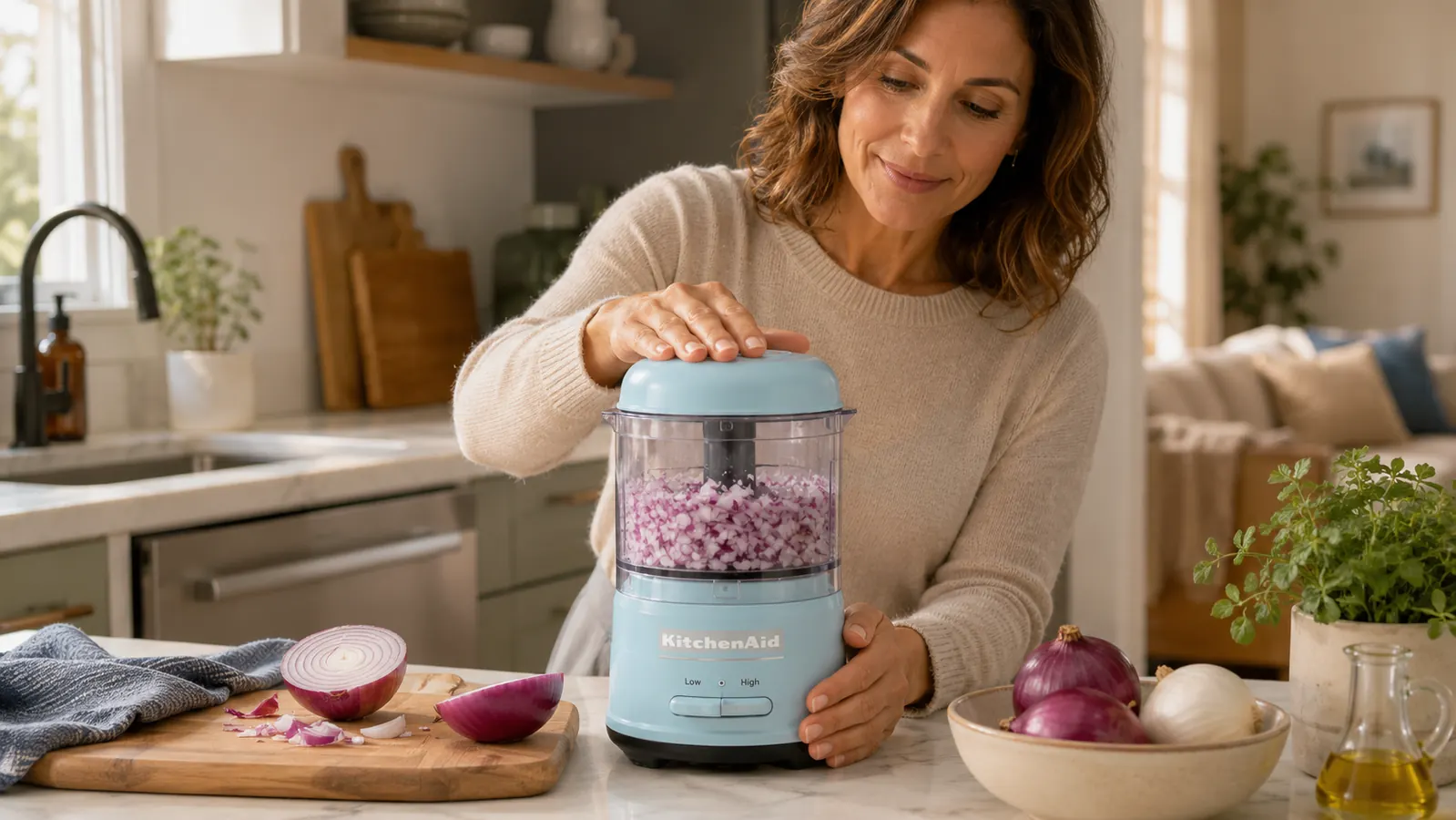 Hand pressing the lid of the KitchenAid chopper down while chopping an onion inside the bowl