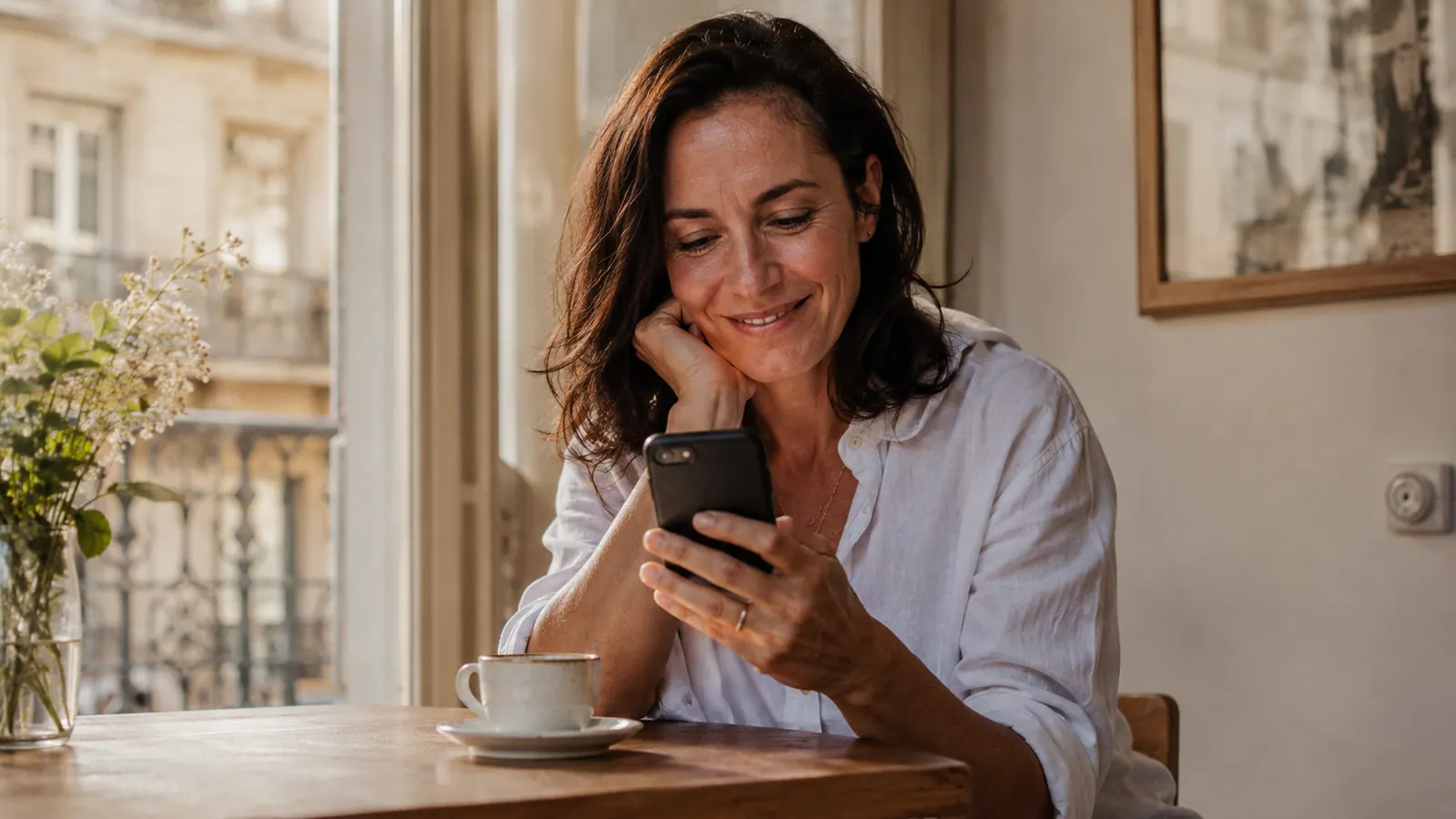 Person sitting at a small kitchen table with an espresso cup and a book, relaxed morning at home