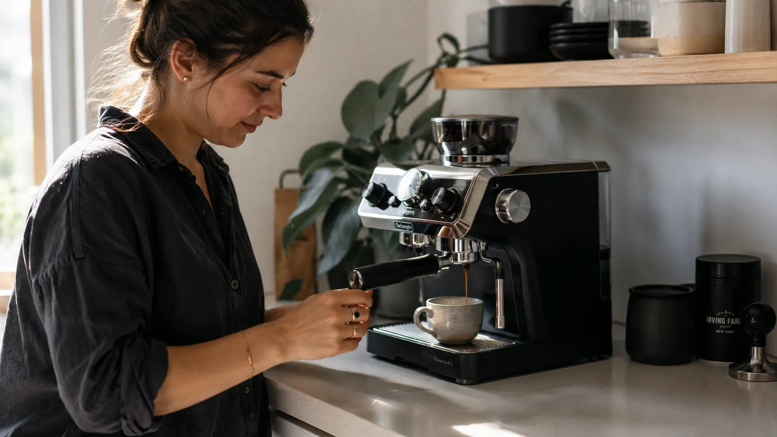 Espresso shot in a small white demitasse cup next to the Nespresso Inissia machine on a countertop