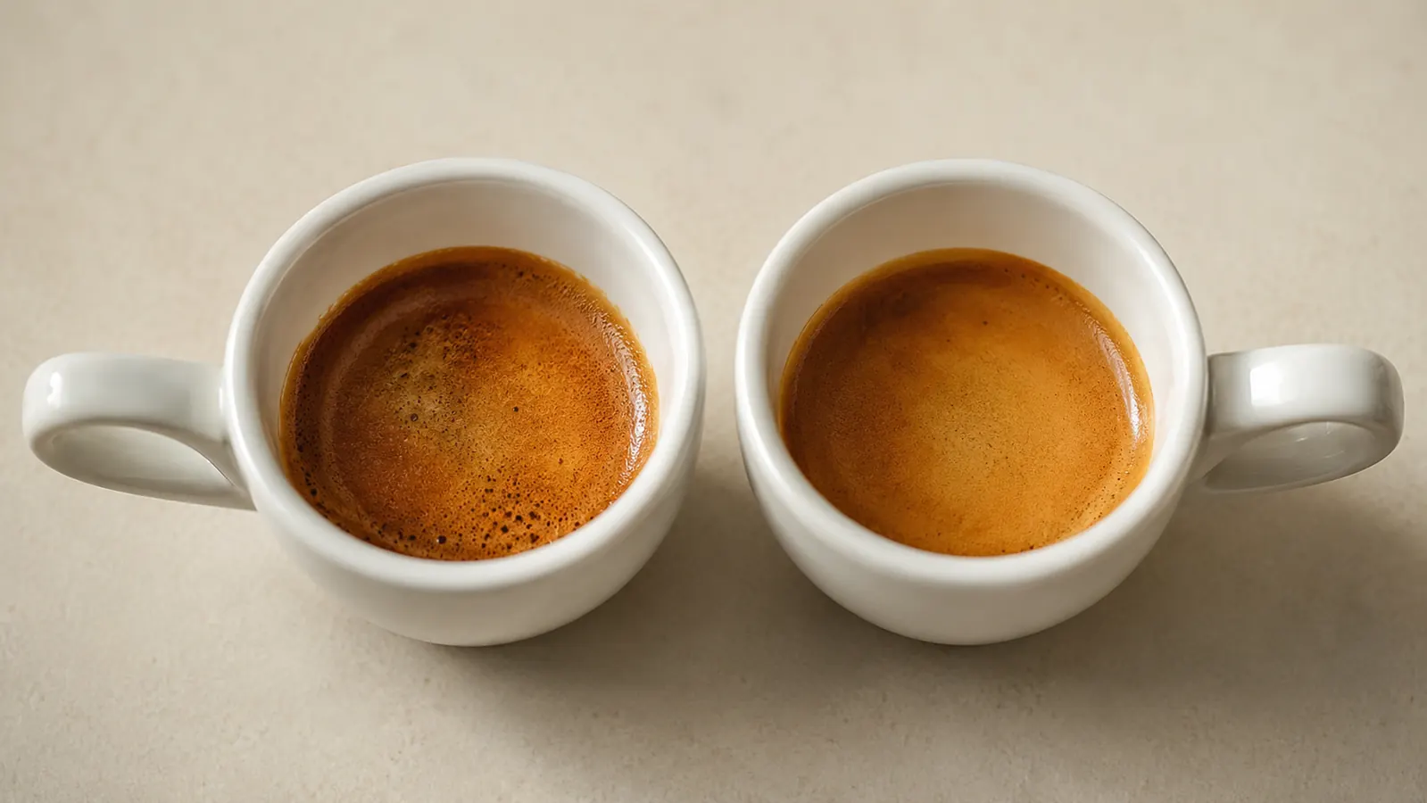 A small espresso cup of fresh crema-topped espresso on a wooden tray next to a kitchen window